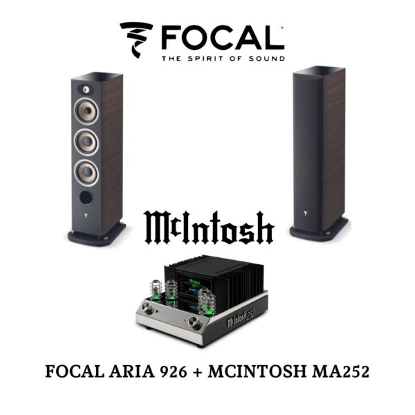 ALTA FIDELIDAD FOCAL MCINTOSH" está compuesto por letras mayúsculas, transmitiendo una sensación de importancia y exclusividad. "ALTA FIDELIDAD" se refiere a la alta calidad en la reproducción del sonido, mientras que "FOCAL" y "MCINTOSH" son marcas reconocidas en el mundo del audio de alta gama. La combinación de estas palabras sugiere un enfoque en la excelencia del audio, destacando productos que ofrecen una experiencia auditiva superior.