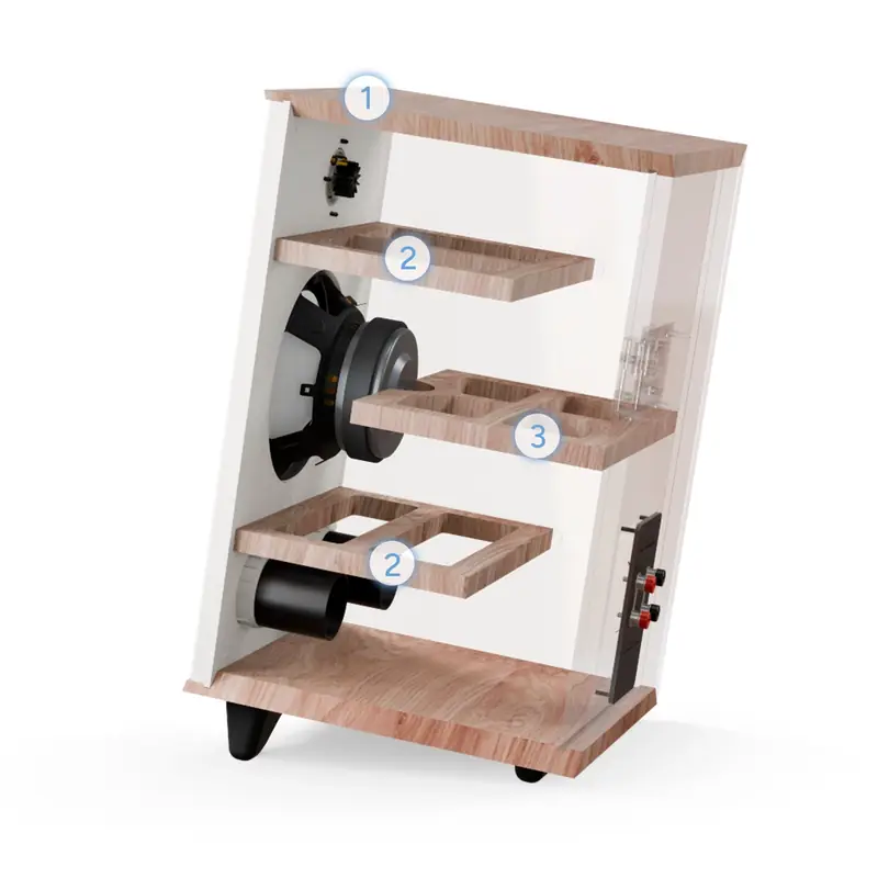 Caja de MDF con refuerzos internos y sistema DVAS de la Triangle Borea BR05